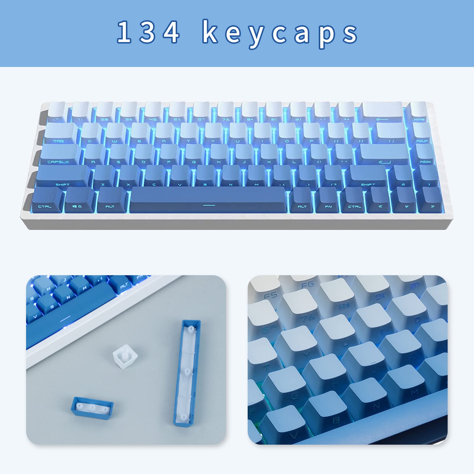 JOLINTAL 134 Keys Gradient Blue Keycaps Set, PBT Double Shot Dying Side Print Keycaps, OEM Profile Shine Through Keycaps, Custom Backlit Keycaps Cherry MX Keycaps for Mechanical Gaming Keyboard