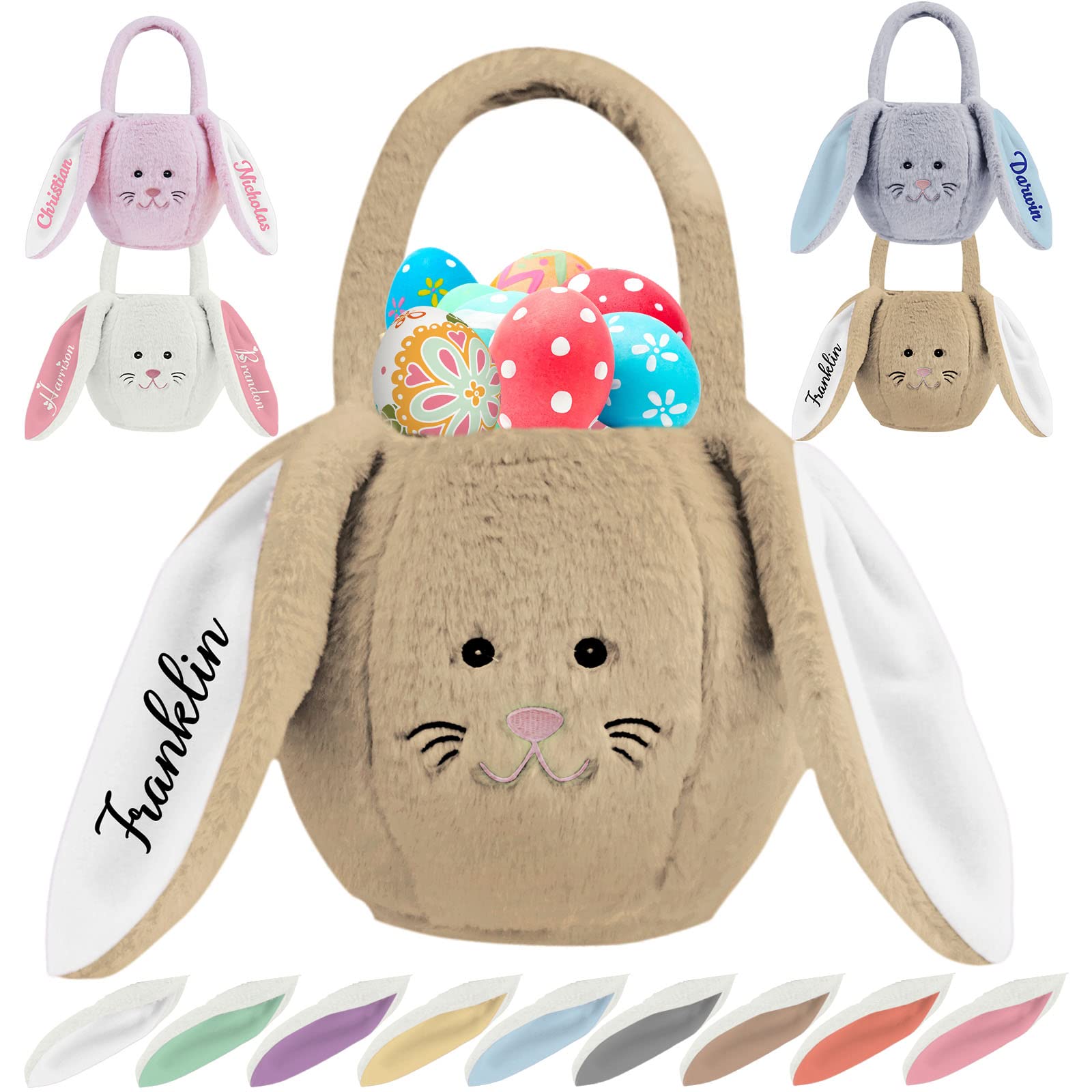 Personalized Easter Buckets with Name Custom Plush Buny Easter Basket with Handle Long Ears, Customized Egg Hunting Bags Easter Gift for Boys Girls, Easter Tote Bag for Candy（Brown）