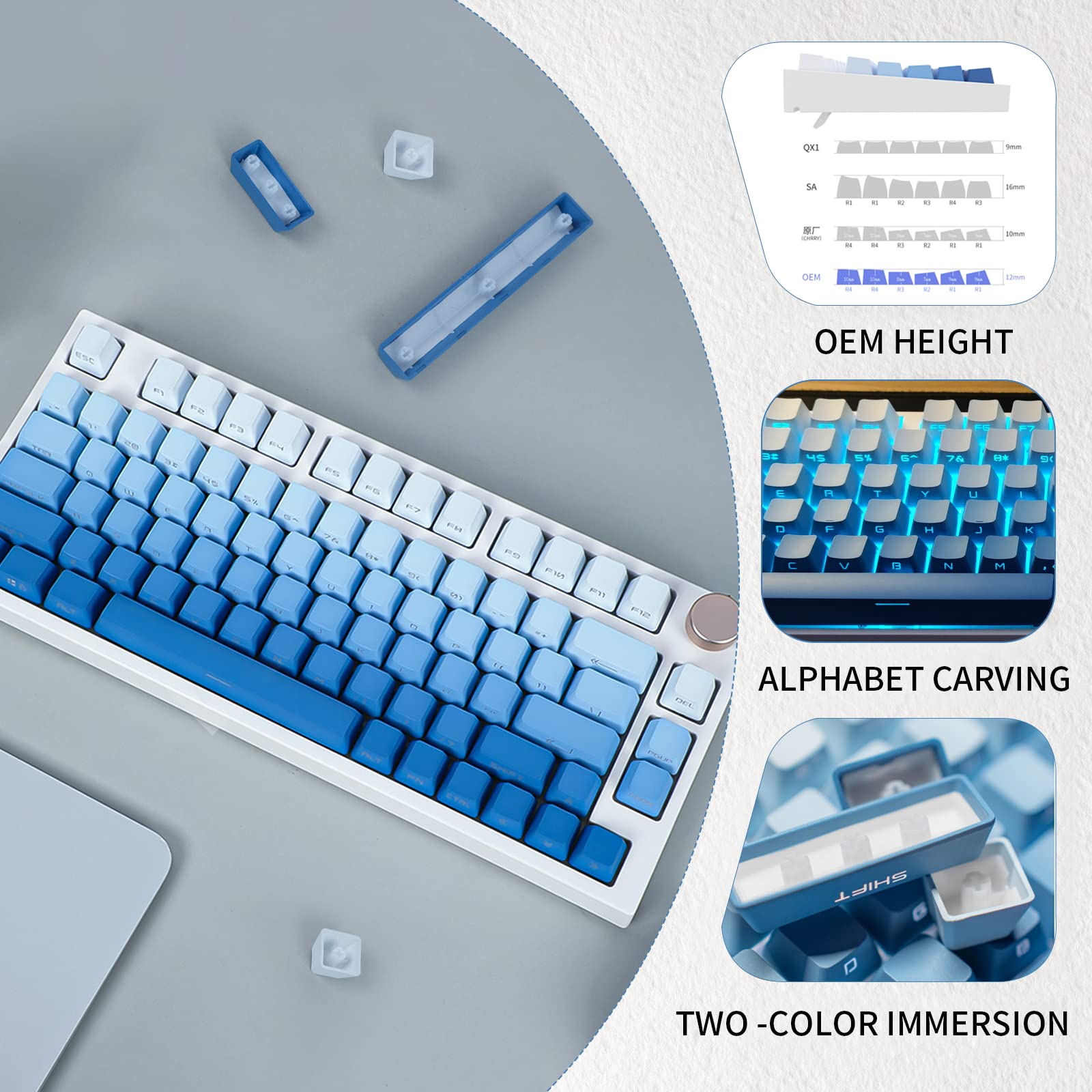 JOLINTAL 134 Keys Gradient Blue Keycaps Set, PBT Double Shot Dying Side Print Keycaps, OEM Profile Shine Through Keycaps, Custom Backlit Keycaps Cherry MX Keycaps for Mechanical Gaming Keyboard