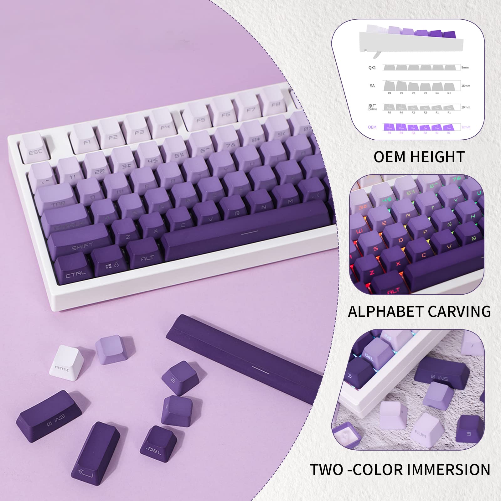 JOLINTAL 134 Keys Gradient Purple Keycaps, PBT Double Shot Dying Keycaps, OEM Side Print Keycaps Custom Keycaps Set, Shine Through Keycaps Cherry Mx Backlit Keycaps for Mechanical Gaming Keyboard