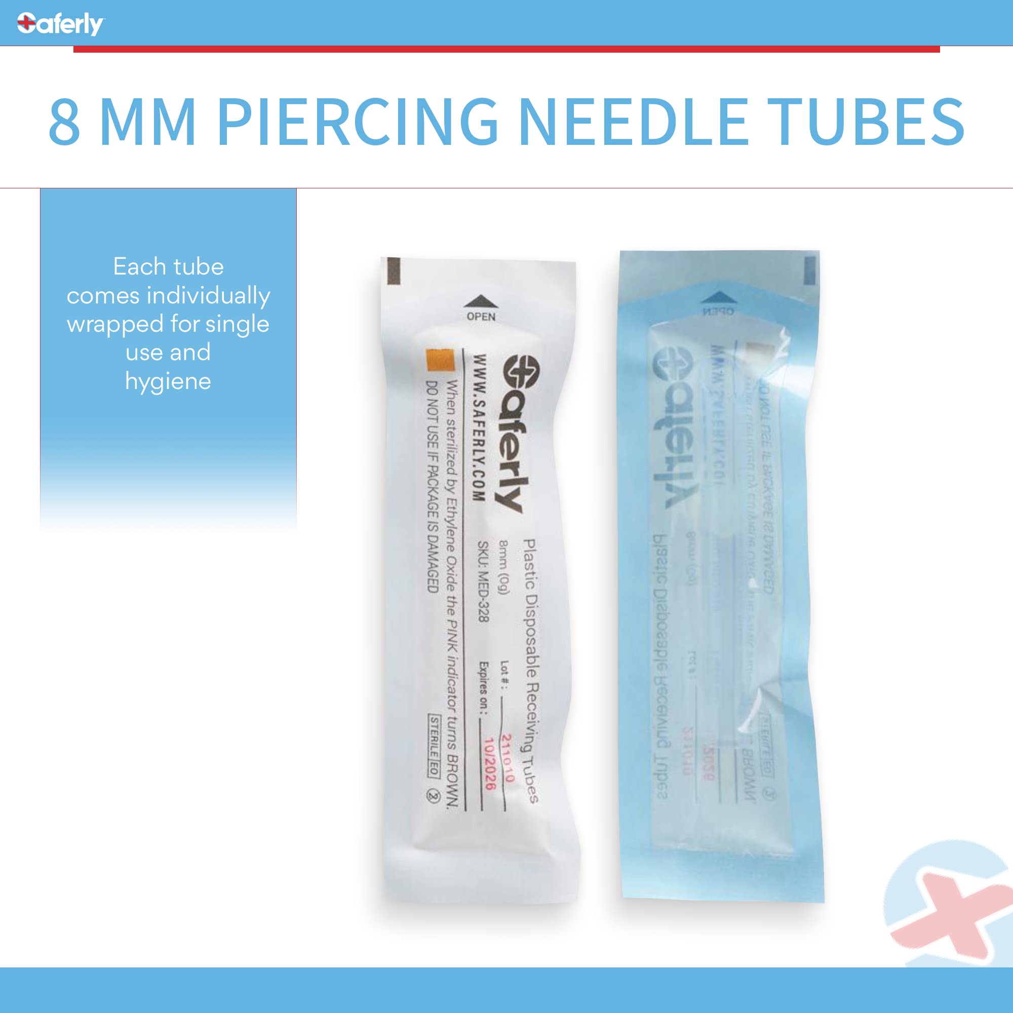 Saferly Body Piercing Needle Receiving Tubes - 8mm Plastic Medical Grade Disposable Piercing Needle Receiving Tubes - Body Jewelry Piercing Supplies (Box of 50)