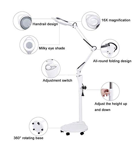 Floor Standing Magnifying Lamp, Adjustable Swivel Arm 16x Magnifier Lamp Light for Skiare Beauty Manicure Tattoo Salon Spa with Rolling Floor Stand Interesting Life