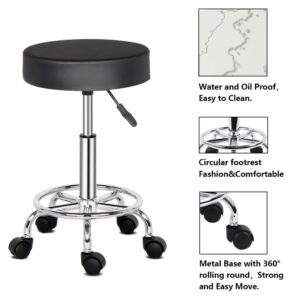 Salon Spa Stools Barstools PU Leather Modern Round Rolling Stool with Footrest Height Adjustable Spa Drafting Salon Tattoo Work Massage Stools Task Chair (Black 2)