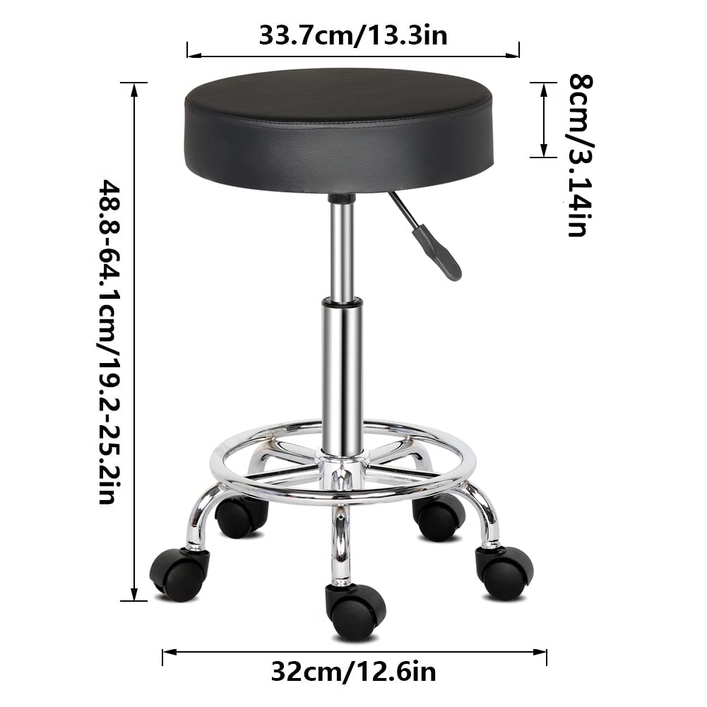 Salon Spa Stools Barstools PU Leather Modern Round Rolling Stool with Footrest Height Adjustable Spa Drafting Salon Tattoo Work Massage Stools Task Chair (Black 2)