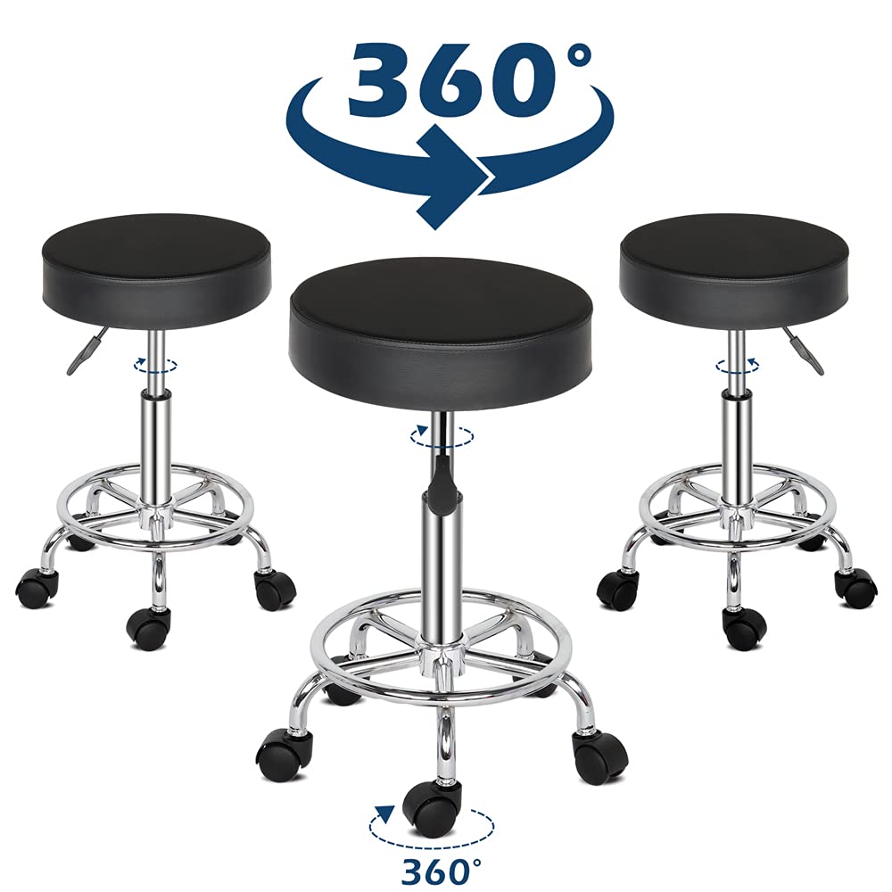 Salon Spa Stools Barstools PU Leather Modern Round Rolling Stool with Footrest Height Adjustable Spa Drafting Salon Tattoo Work Massage Stools Task Chair (Black 2)