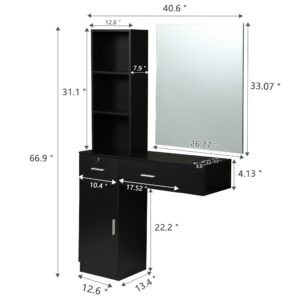 RESHABLE Wall Mount Salon Station with Mirror, Beauty Salon Barber Spa Equipment with Mirror, Shelves, Cabinet, Locking Drawers, Table, Standing Hair Styling Furniture, Black