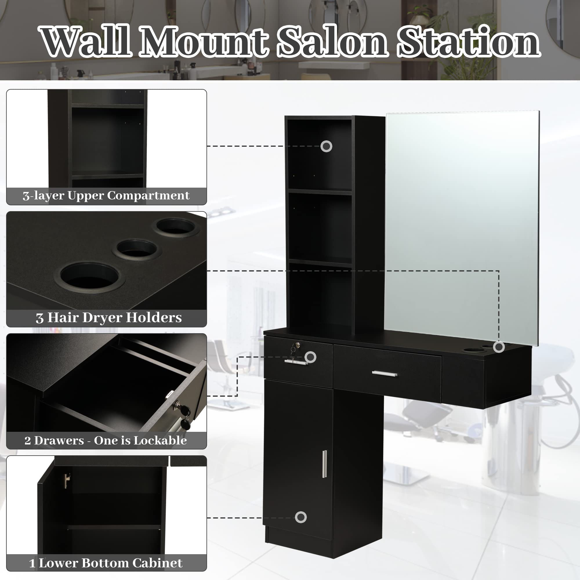 RESHABLE Wall Mount Salon Station with Mirror, Beauty Salon Barber Spa Equipment with Mirror, Shelves, Cabinet, Locking Drawers, Table, Standing Hair Styling Furniture, Black