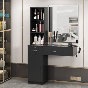 RESHABLE Wall Mount Salon Station with Mirror, Beauty Salon Barber Spa Equipment with Mirror, Shelves, Cabinet, Locking Drawers, Table, Standing Hair Styling Furniture, Black