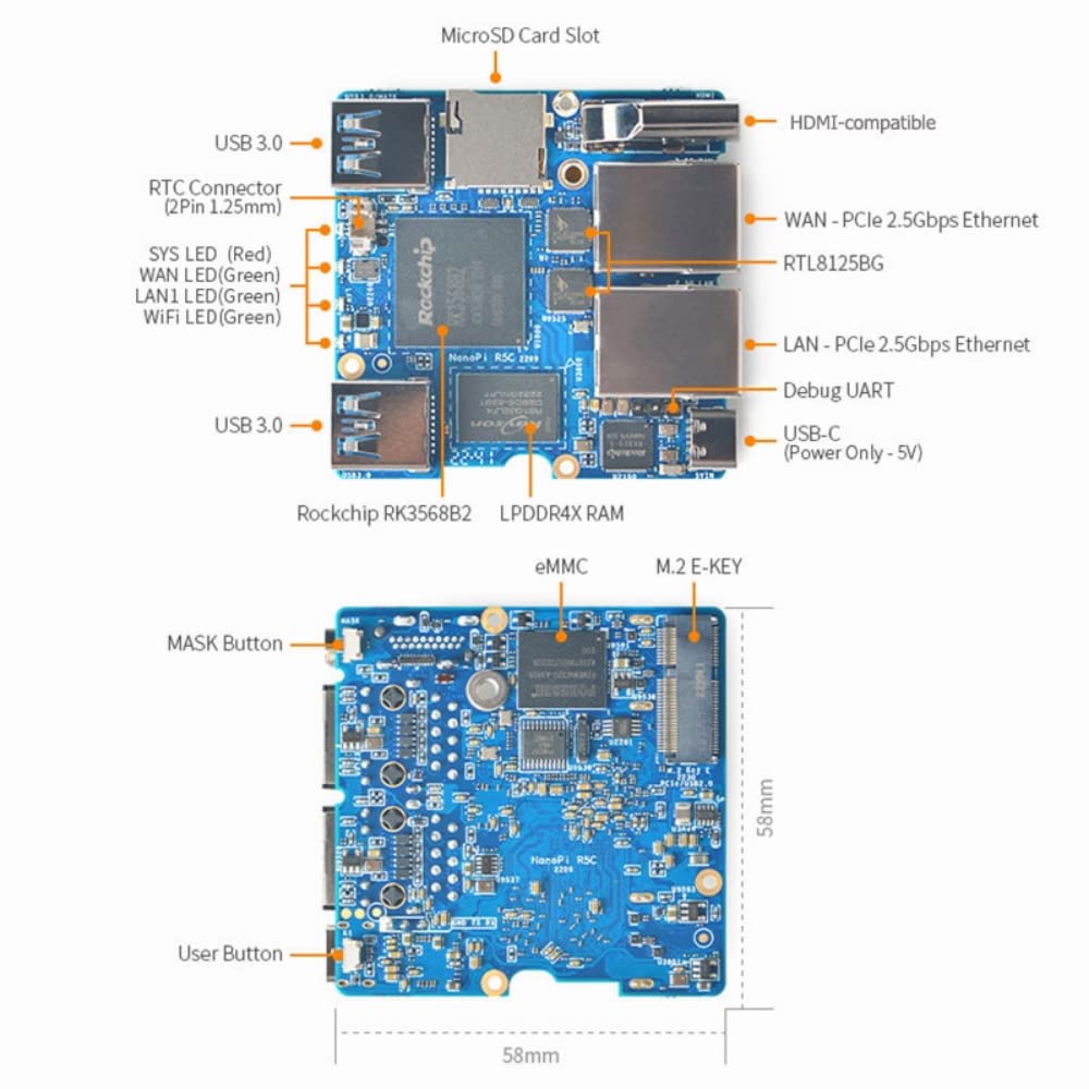 Kocoo NanoPi R5C with M.2 WiFi Module Rockchip RK3568B2 A55 Dual 2.5G Ethernet Port Support Linux/Openwrt/Debian/Ubuntu