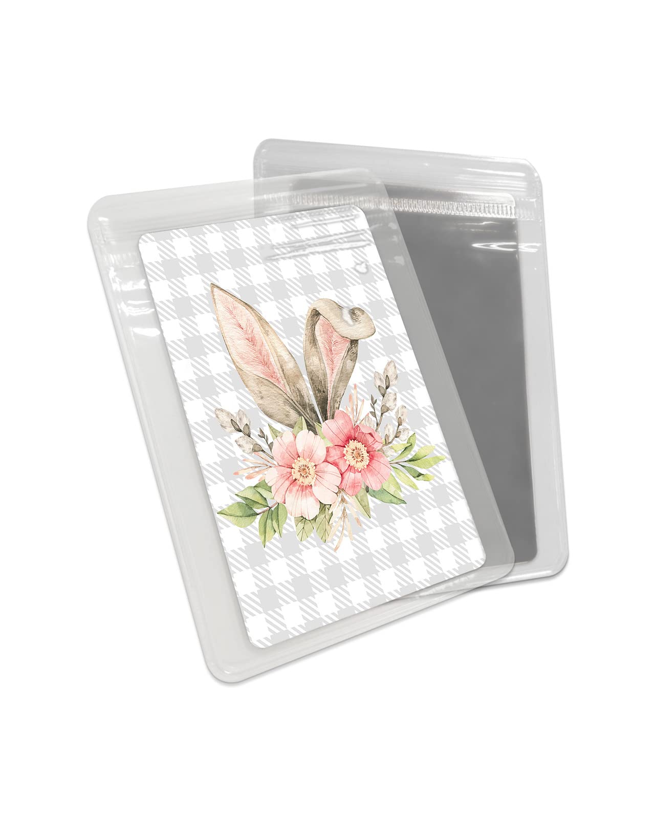 Carosoffe Easter Small Compact Mirror for Purse, Rabbit Ears Pink Spring Flower Gray Plaid Travel Makeup Mirror for Women Men, Rectangular Handheld Compact Pocket Mirror 1 PCS