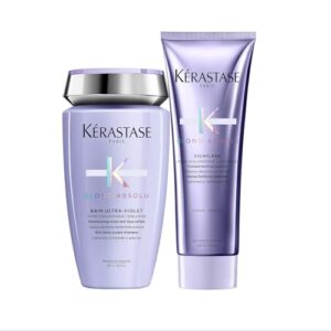 kerastase | blond absolu ultra-violet purple shampoo & conditioner | for lightened, highlighted and grey hair | neutralizes brassy and yellow undertones | hydrates and protects | with hyaluronic acid