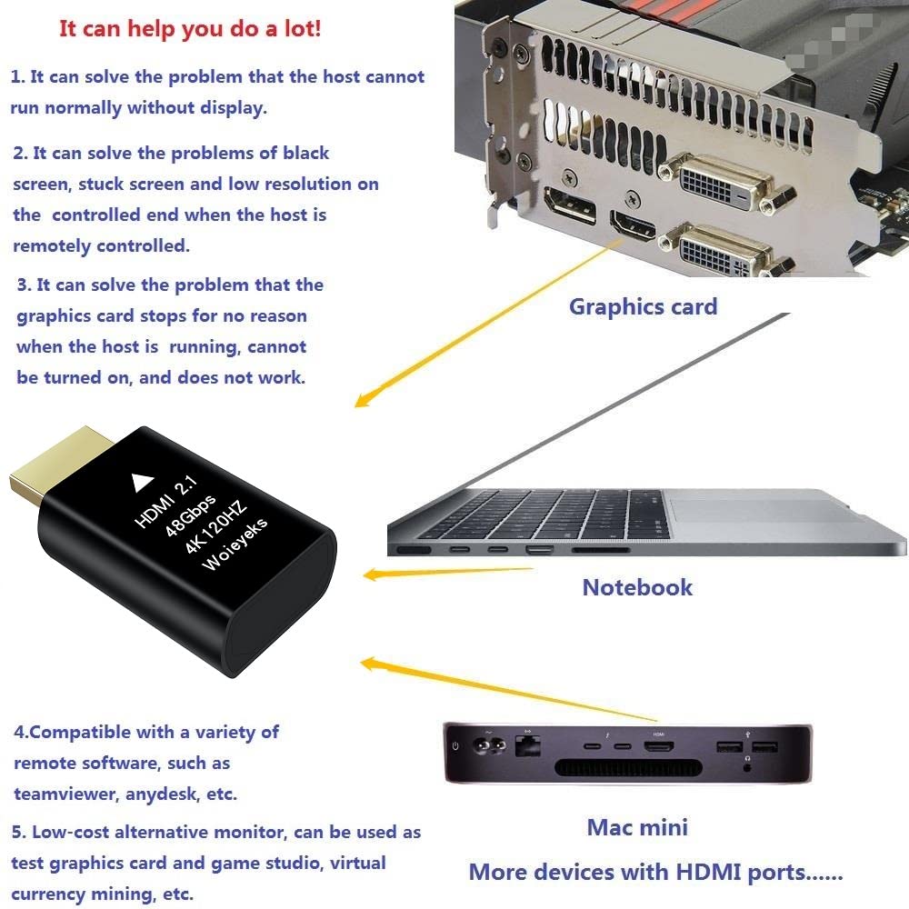 Woieyeks 4K 120Hz HDMI 2.1 Dummy Plug,Virtual Display Emulator,Headless Ghost Display Adapter Support 3840x2160@120HZ,1440@120HZ,1080P@120HZ EDID Monitor Emulator（8K not Supported）