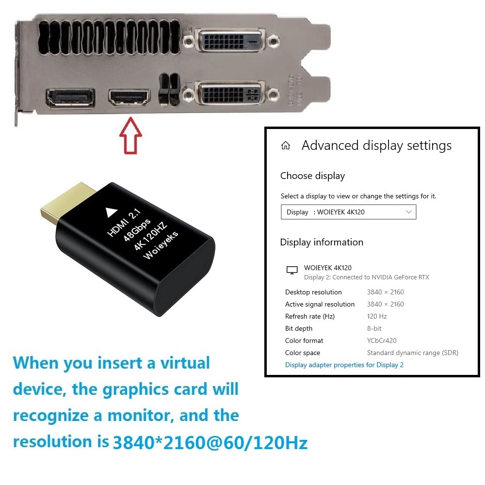 Woieyeks 4K 120Hz HDMI 2.1 Dummy Plug,Virtual Display Emulator,Headless Ghost Display Adapter Support 3840x2160@120HZ,1440@120HZ,1080P@120HZ EDID Monitor Emulator（8K not Supported）