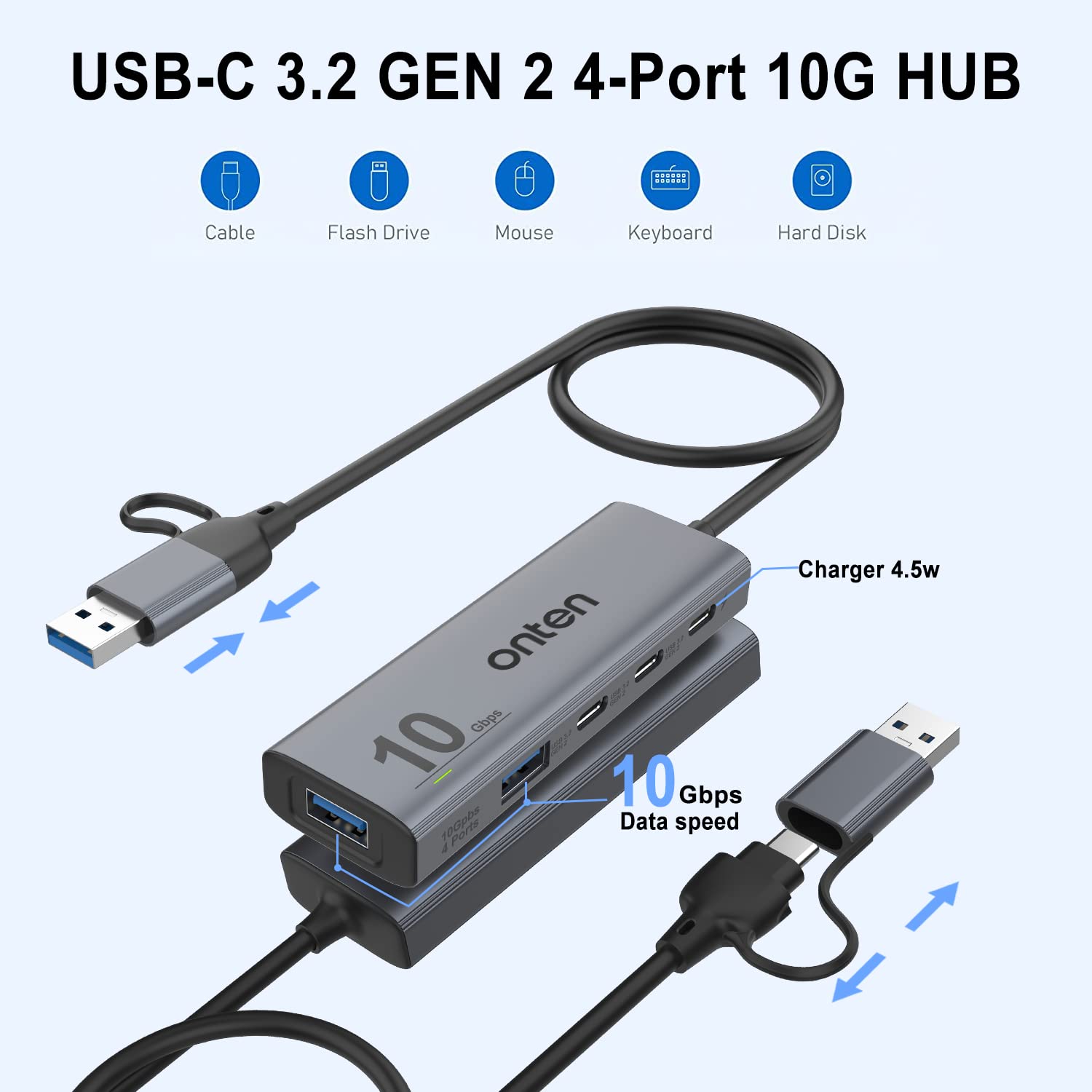 Onten 10Gbps USB C Hub,USB C to USB C/A adapter with USB3.2 GEN2 Speed. USB/USB C Splitter with 2*USBA(10G) 2*USB C(10G).4 ports USB C adapter e(Data Transfer only,Not support power and monitor)