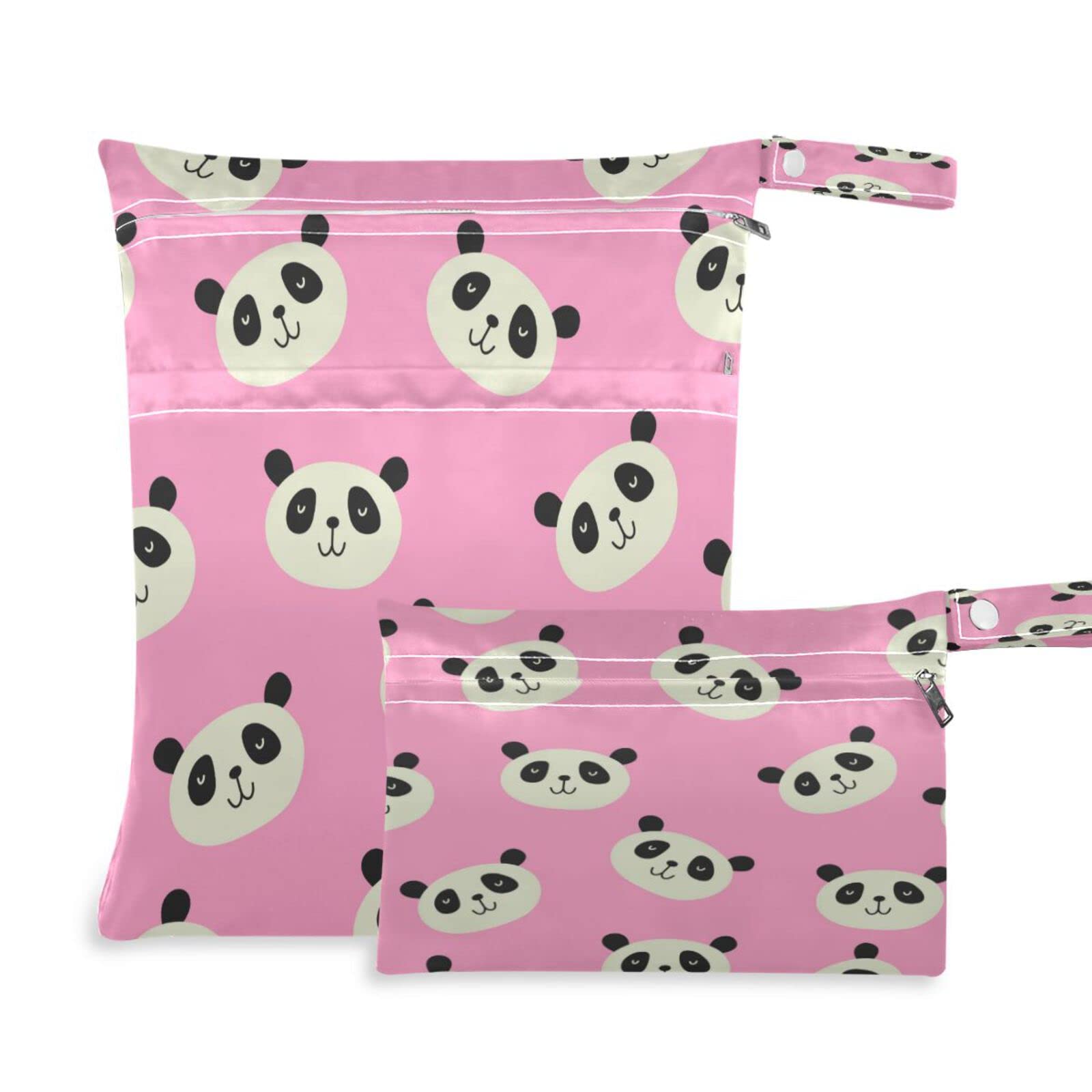 Kigai 2pcs Wet Dry Bags for Baby Cloth Diapers Cute Panda Waterproof Reusable Wet Bag with Two Zippered Pockets Swimsuits & Wet Clothes Organizer for Travel Beach Pool Daycare Yoga Gym