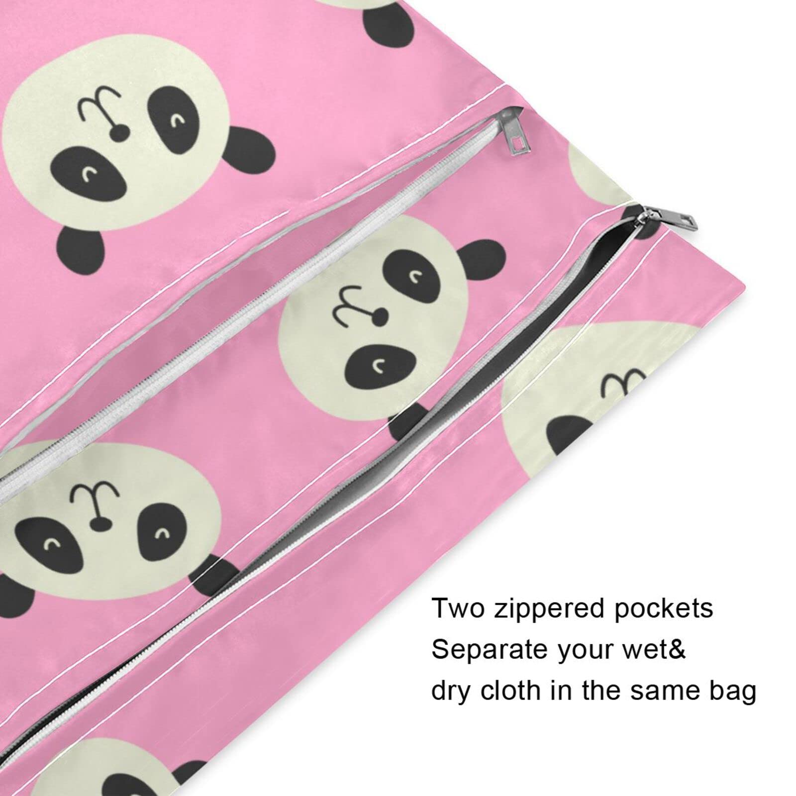 Kigai 2pcs Wet Dry Bags for Baby Cloth Diapers Cute Panda Waterproof Reusable Wet Bag with Two Zippered Pockets Swimsuits & Wet Clothes Organizer for Travel Beach Pool Daycare Yoga Gym