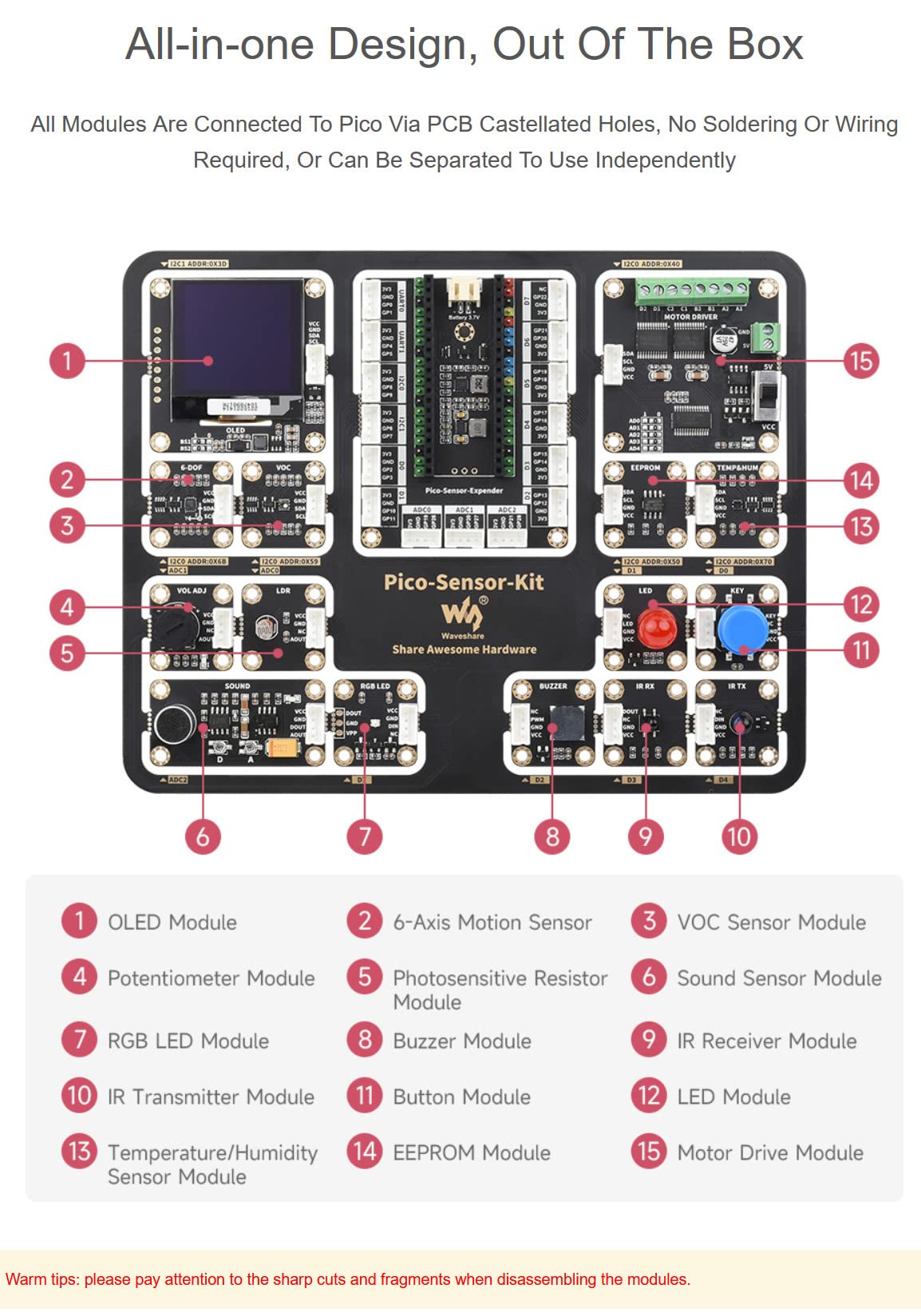 for Raspberry Pi Pico Entry-Level Sensor All-in-one Design Kit Including Pico Expansion Board and 15 Common Modules Such as LED, Button, Buzzer, etc. @XYGStudy (RPi-Pico-Sensor-Kit-B)