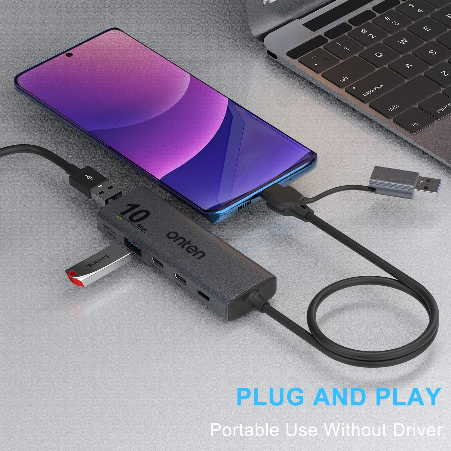 Onten 10Gbps USB C Hub,USB C to USB C/A adapter with USB3.2 GEN2 Speed. USB/USB C Splitter with 2*USBA(10G) 2*USB C(10G).4 ports USB C adapter e(Data Transfer only,Not support power and monitor)