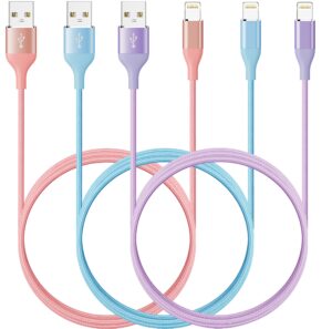 iphone charger 10ft 3pack lightning cable apple mfi certified durable colorful kawaii nylon braided usb fast charging cord for iphones 14 13 12 11 pro max xs xr se x 8 7 6 5 s plus ipod