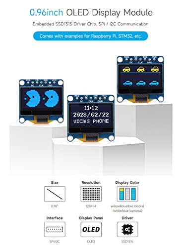 waveshare 0.96inch OLED Display Module, 128×64 Resolution, SPI / I2C Communication, Yellow&Blue Version