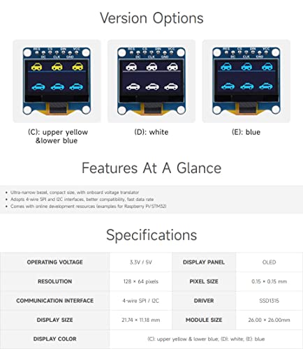 waveshare 0.96inch OLED Display Module, 128×64 Resolution, SPI / I2C Communication, Yellow&Blue Version