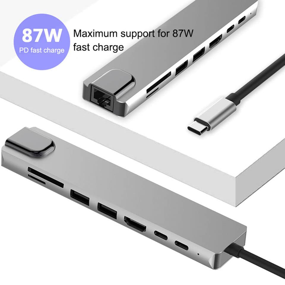 Portable USB-C Hub 8 in 1 Adapter with Ethernet, HDMI, SD Card Reader and USB 3.0 Ports