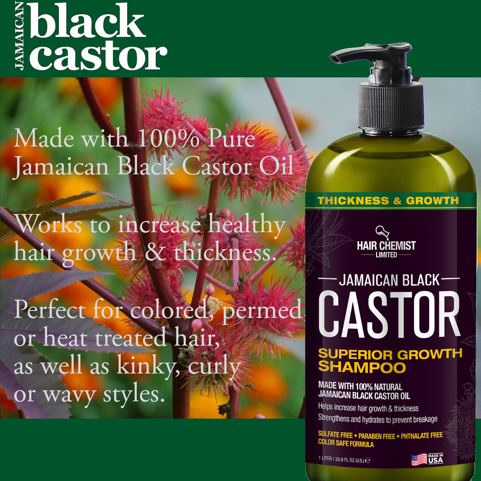 Hair Chemist Superior Growth Jamaican Black Castor Shampoo 33.8 oz. - Sulfate Free Shampoo made with Natural Ingredients