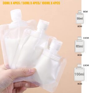 12PCS Travel Refillable Empty Squeeze Pouches, TSA Approved for Toiletry Lotion Shampoo and Conditioner Fluid Squeezable Bags, Portable Leakproof Cosmetic Make Up Containers 30/50/100ml/lables