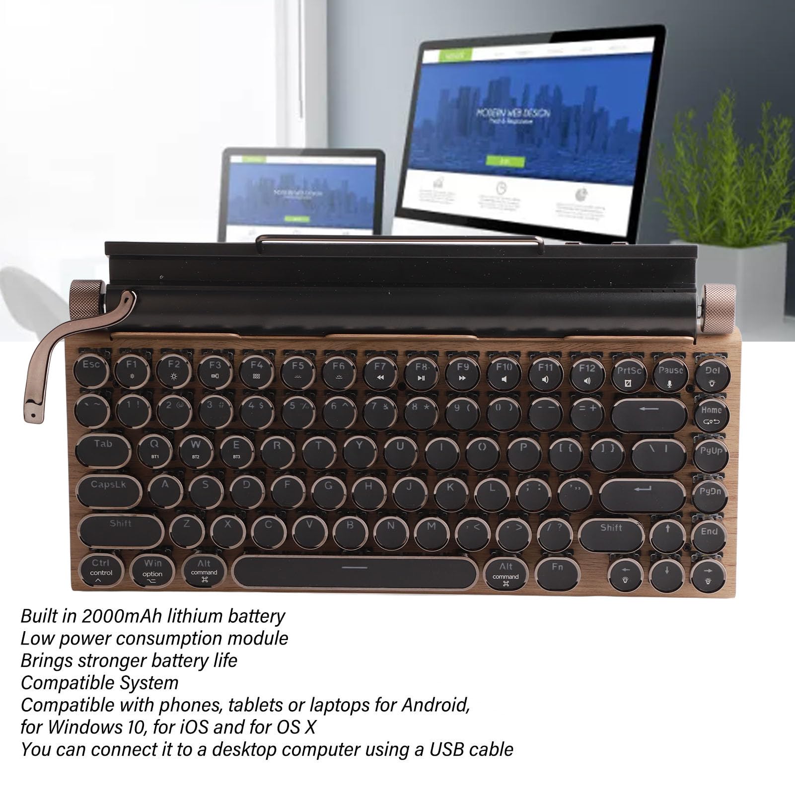 PUSOKEI Retro Typewriter Keyboard, Mechanical Gaming Keyboard, 83 Keys Bluetooth Punk Backlit Keyboard with Blue Switch, Metal Round KeyCap, for PC Laptop Phone (Wood Grain