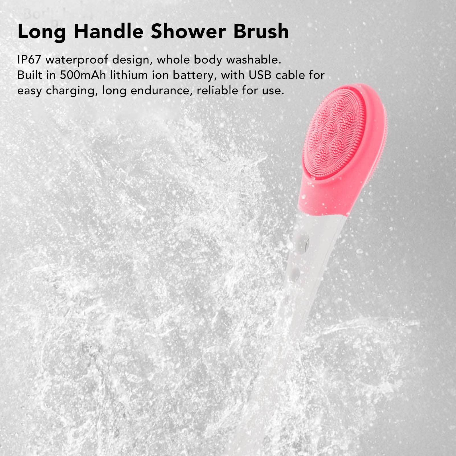 Electric Body Shower Brush, USB Rechargeable Exfoliating Shower Brush for Deep Cleaning, Waterproof Silicone Bath Shower Scrubber with Long Handle, Home Beauty Salon Massage Bath Brush Pink