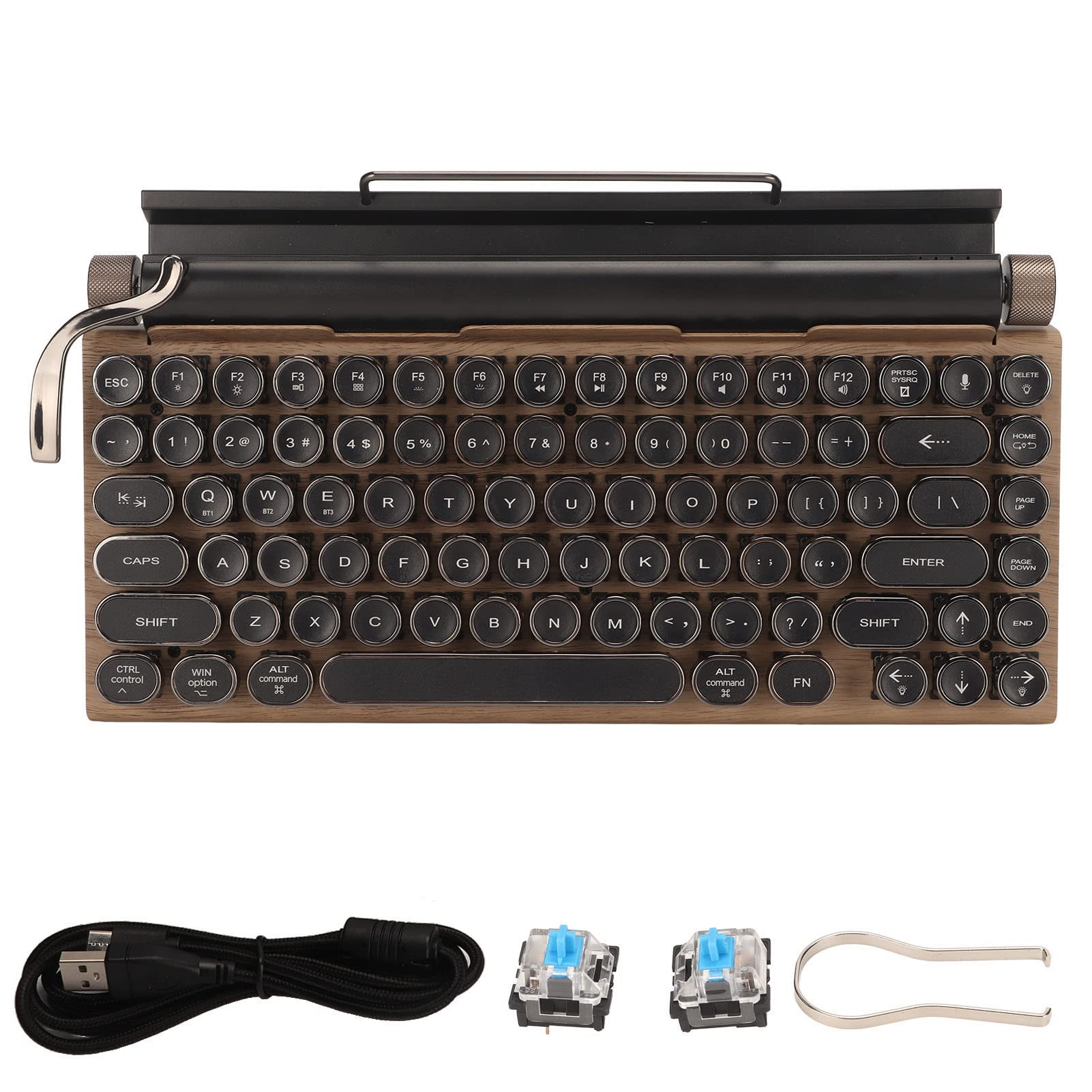 PUSOKEI Retro Typewriter Keyboard, Mechanical Gaming Keyboard, 83 Keys Bluetooth Punk Backlit Keyboard with Blue Switch, Metal Round KeyCap, for PC Laptop Phone (Wood Grain