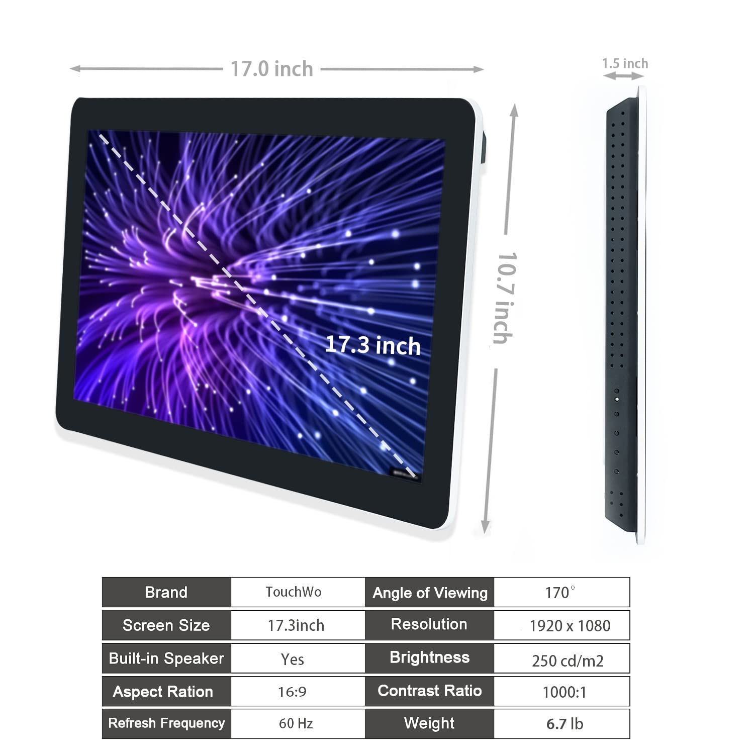 TouchWo 17.3 inch Android 12 Touchscreen Monitor Tablet, 16:9 FHD 1080P, WiFi & BT, Built-in Speakers, RK3588 4GB RAM & 64GB ROM, Smart Board for Classroom, Meeting & Game