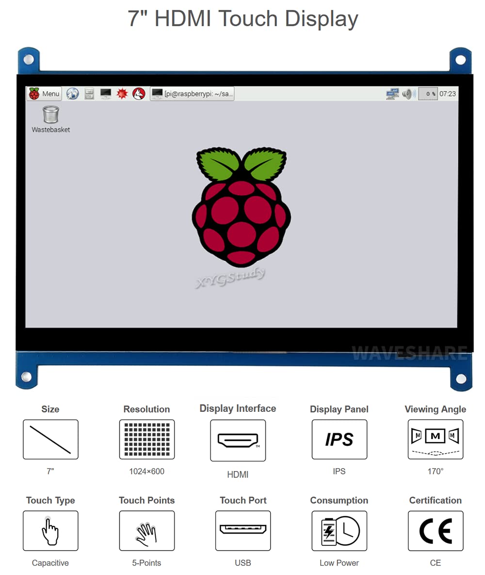 7inch HDMI LCD (C), HDMI Interface Raspbian LCD 1024 * 600 Capacitive Touch Screen Display Mini PC Supports Raspberry Pi 4 3 2 Model B B+ A+ & BeagleBone Black & Banana Pi/Pro @XYGStudy