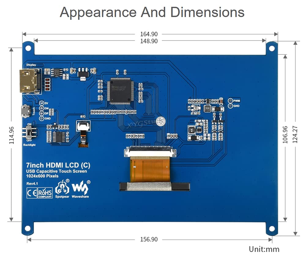 7inch HDMI LCD (C), HDMI Interface Raspbian LCD 1024 * 600 Capacitive Touch Screen Display Mini PC Supports Raspberry Pi 4 3 2 Model B B+ A+ & BeagleBone Black & Banana Pi/Pro @XYGStudy
