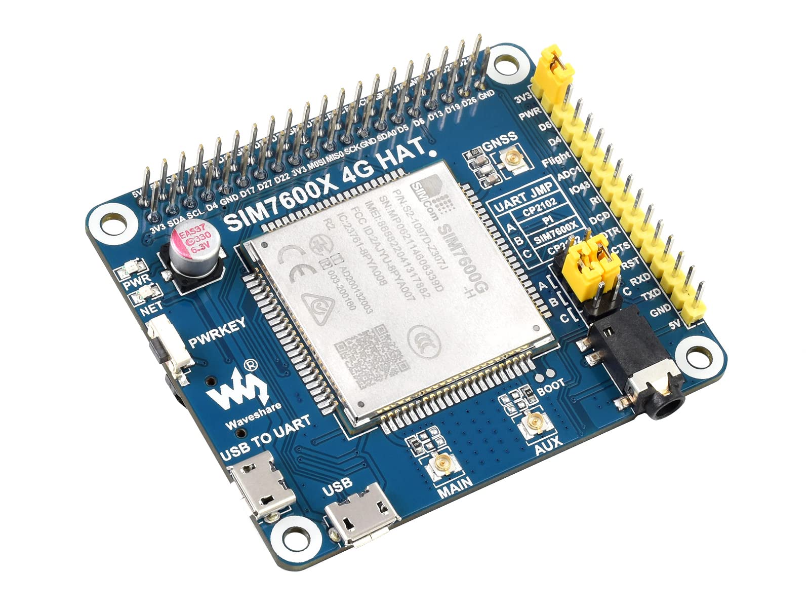 NGW-1Set 2G/3G/4G/GSM/GPRS/GNSS HAT for Raspberry Pi Based on SIM7600G-H Supports LTE CAT4 up to 150Mbps for Downlink Data Transfer