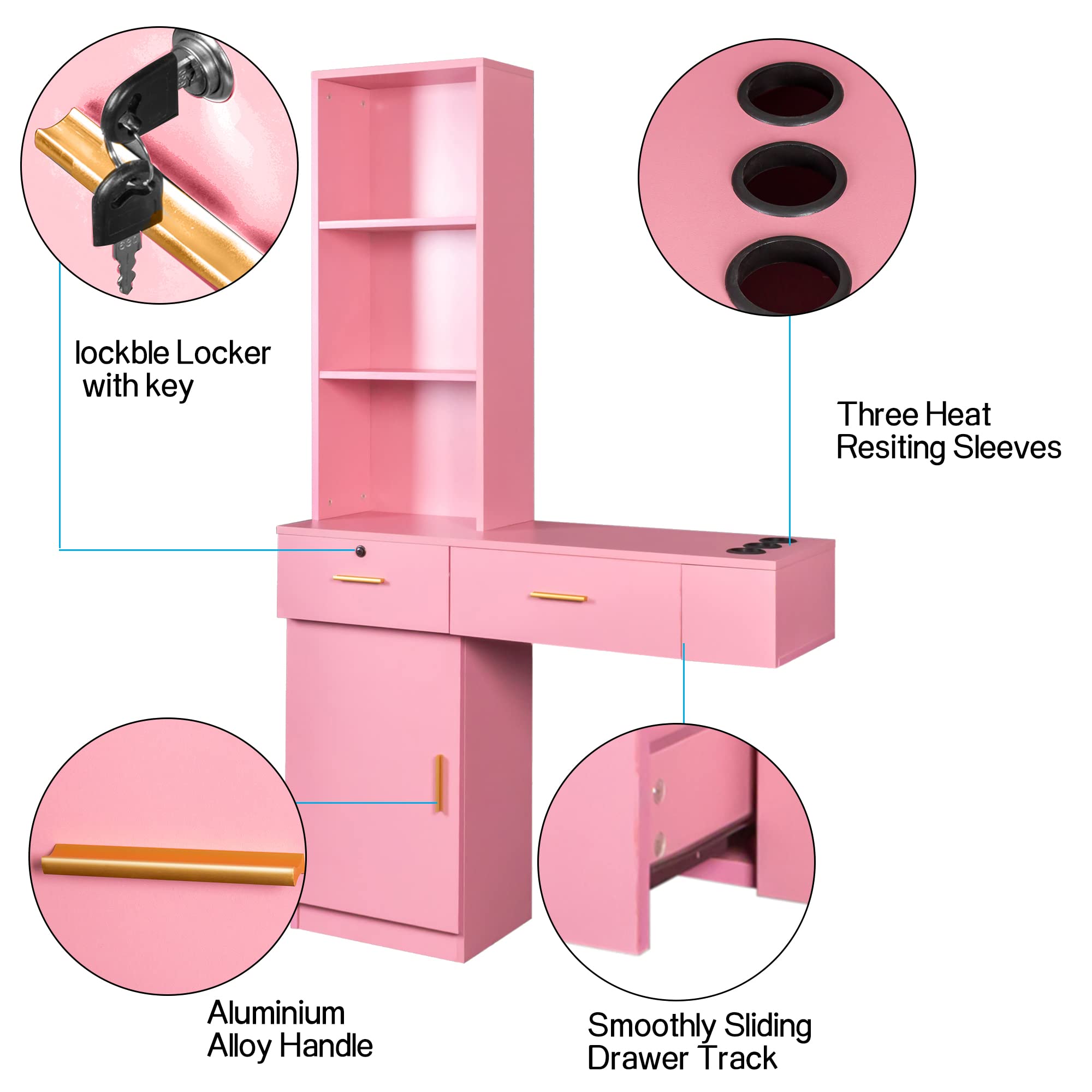 Binrrio Pink Wall Mount Hair Styling Barber Station, Beauty Salon Spa Furniture Set, Dressing Table Hair Salon Equipment, 3 Storage Shelf+2 Drawers+1 Cabinet+3 Heat Resistant Sleeves