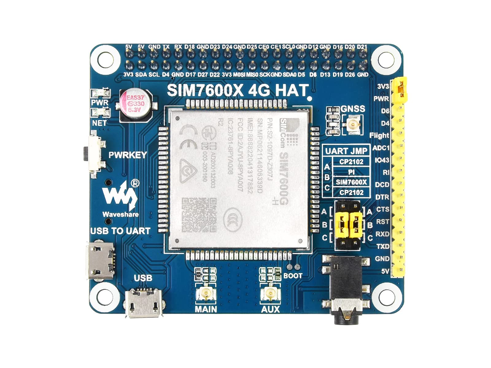 NGW-1Set 2G/3G/4G/GSM/GPRS/GNSS HAT for Raspberry Pi Based on SIM7600G-H Supports LTE CAT4 up to 150Mbps for Downlink Data Transfer