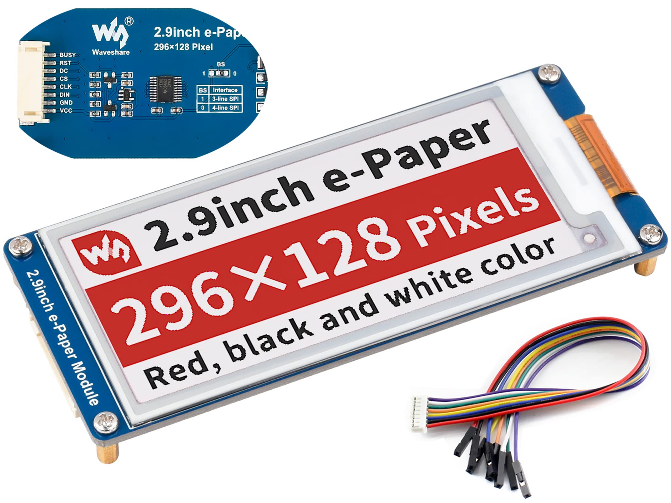 waveshare 2.9inch e-Pape Display Module for Raspberry Pi 4B/3B+/3B/2B/Zero/Zero W/PIZero 2 W/WH/Jetson Nano/forArdui/Nucleo, 296×128 Pixels Red Black White Three Color SPI E-Ink Screen Full Refresh