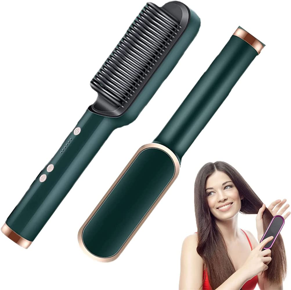 2023 Negative Ion Hair Straightener Styling Comb,5 Temp Settings 2 in 1 Hair Straightener Brush and Curler,Portable Electric Straightening Comb Heated Hair Brush,for Home Travel Salon (Green)