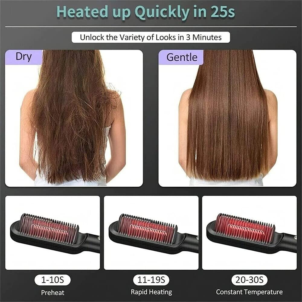 2023 Negative Ion Hair Straightener Styling Comb,5 Temp Settings 2 in 1 Hair Straightener Brush and Curler,Portable Electric Straightening Comb Heated Hair Brush,for Home Travel Salon (Green)