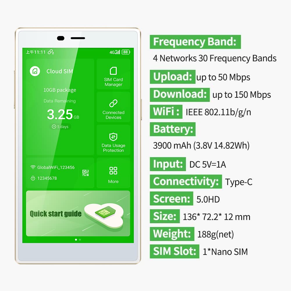 GlocalMe G4 Pro 4G LTE Mobile Hotspot Router & Protective Case, with US 8GB & Global 1.1GB Data, 5” Touch Screen LCD Display Portable WiFi Hotspot for Travel, No Contract, SIMFREE, Pocket WiFi Device