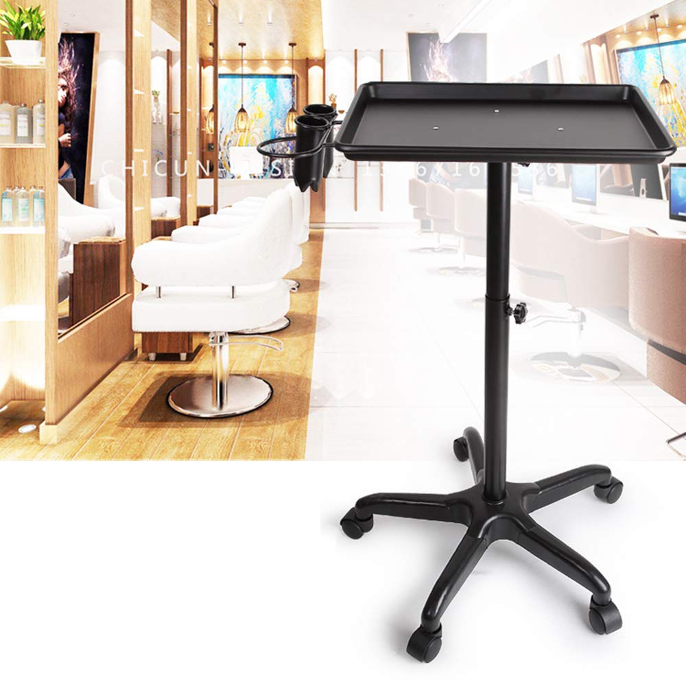 Hair Salon Tray Cart on Wheels, Aluminum Beauty Rolling Salon Tray Instrument Tray Stand, Adjustable Height Mobile Utility Salon Folding Storage Tray Trolley for Salon Beauty Spa (Black)