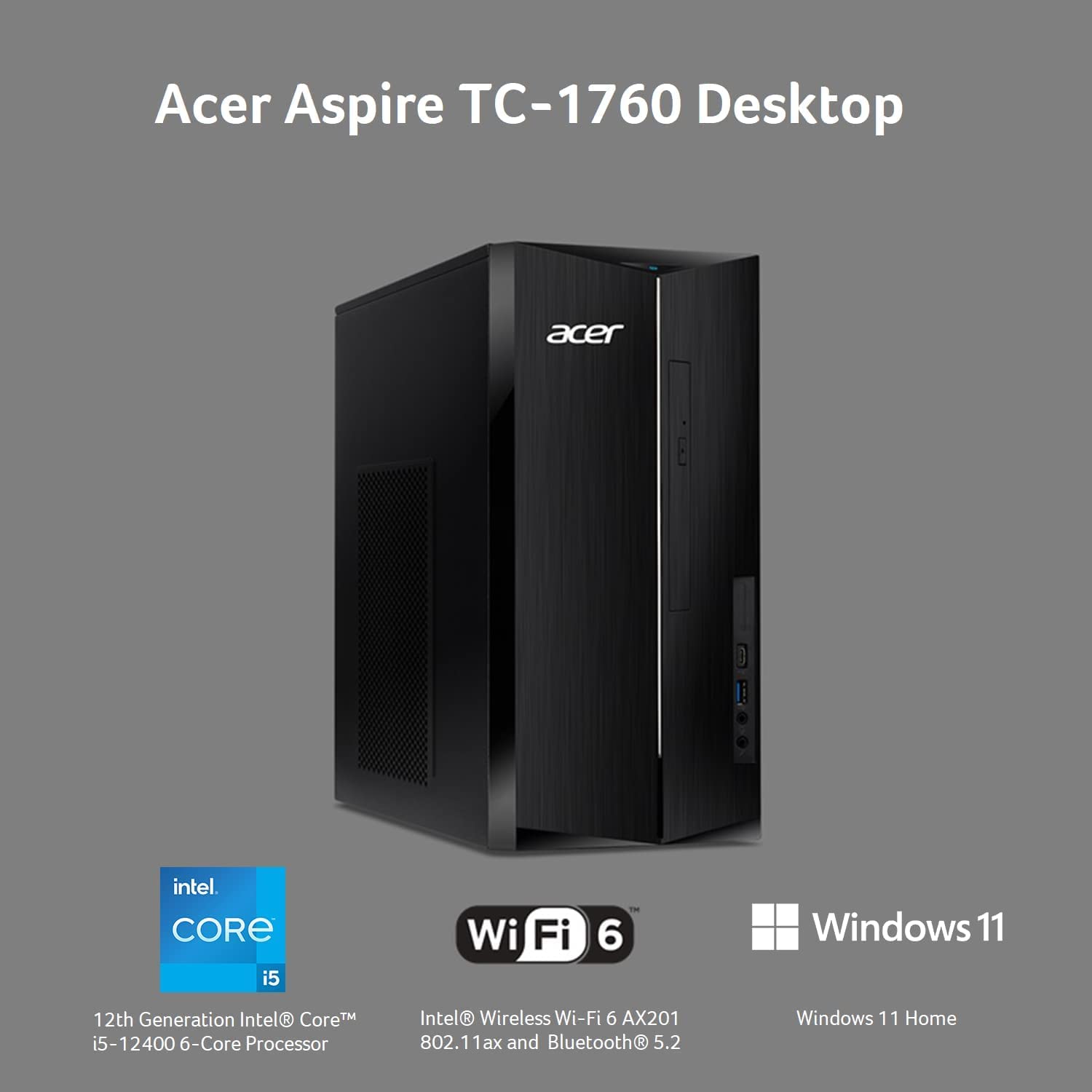 acer 2023 Aspire TC-1760 Desktop PC Intel 12th Gen 6-Core i5-12400 32GB RAM 512GB PCIe SSD 1TB HDD NVIDIA RTX 3060 12GB GDDR6 HDMI DP DVI-D USB-C WiFi AC BT RJ-45 Windows 10 Home w/RE USB Drive