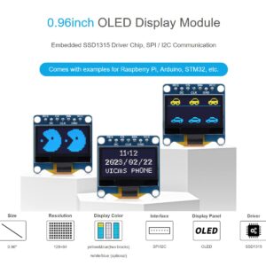 waveshare 0.96inch OLED Display Module for Raspberry Pi/Arduino/STM32, 128×64 Pixels Screen, White Display Color, 4-Wire SPI / I2C Communication Interfaces, 3.3V / 5V