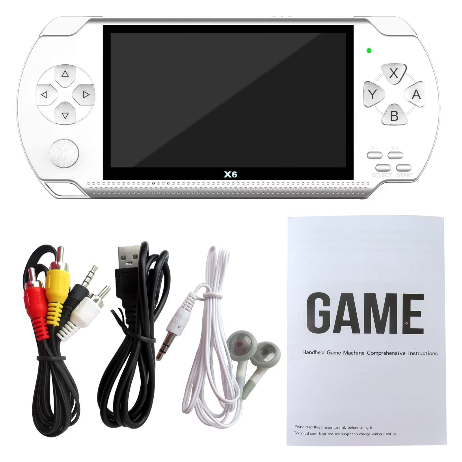 New 4.3" Full Color High-Speed Crisp TFT Widescreen Video Game Console Built-in 10000 Games, with Mini 5P USB, 3.5mm AUX Earphone Output/TV Output, TF Card Holder(White)