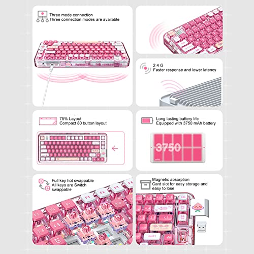 Acogedor RGB Backlit Hot Swappable Pink Mechanical Gaming Keyboard, Triple Mode 2.4G Wireless, Bluetooth, Type C Wired, with 3750mAh Lithium Ion Battery