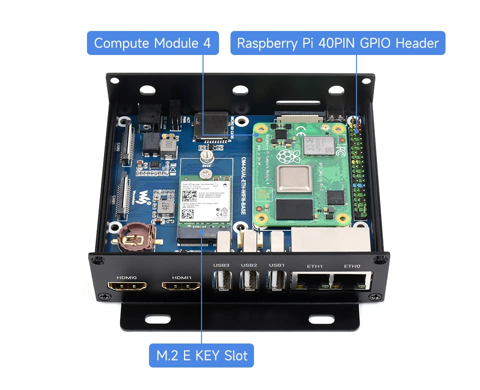 WIFI6 Dual Ethernet Base Board Box for Compute Module 4 with Metal Case, Compatible with WiFi AX210 & AX200 Module, Onboard Gigabit Ethernet RJ45 Connector x1, 100M Ethernet RJ45 Connector x 1,etc