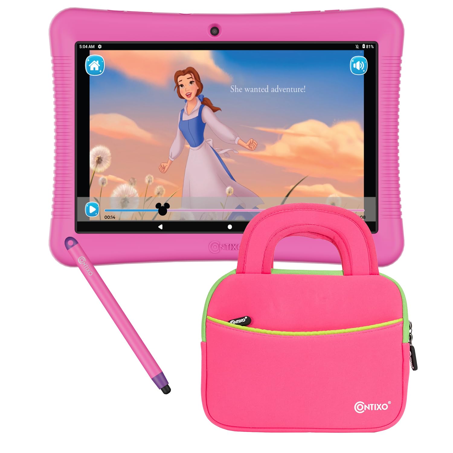 Contixo Kids Tablet, K102 Tablet for Kids and Tablet Sleeve Bag Bundle,10-inch HD, Ages 3-7, Toddler Tablet with Camera, Parental Control, Android 10, 64GB, WiFi, Learning Tablet for Kids - Pink