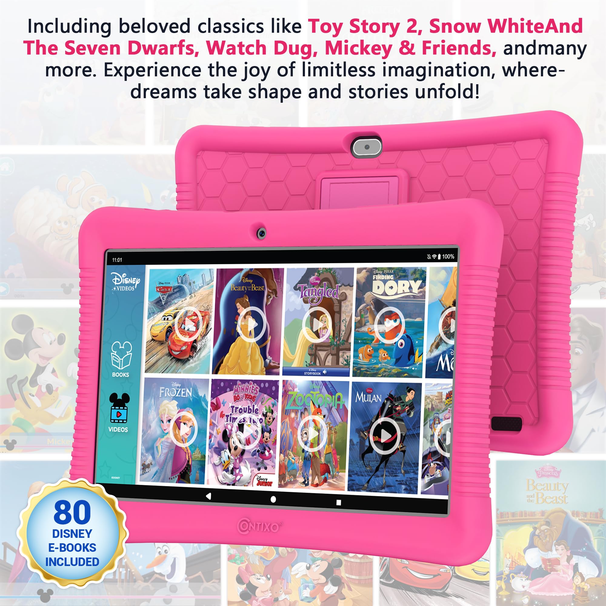 Contixo Kids Tablet, K102 Tablet for Kids and Tablet Sleeve Bag Bundle,10-inch HD, Ages 3-7, Toddler Tablet with Camera, Parental Control, Android 10, 64GB, WiFi, Learning Tablet for Kids - Pink