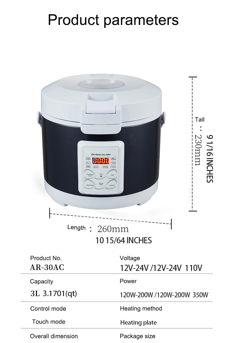 12V/24V Mini Rice Cooker, 3L Portable Travel Rice Cooker For Car/Truck, Small Rice Cooker with Steam Tray, Cooking Heating and Keeping Warm Function(BLACK)